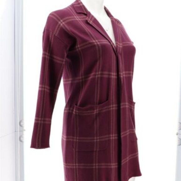 NWT G BY GIULIANA JACQUARD SWEATER KNIT DUSTER CARDIGAN WINE PLAID 2X (PETITE) - Picture 8 of 12